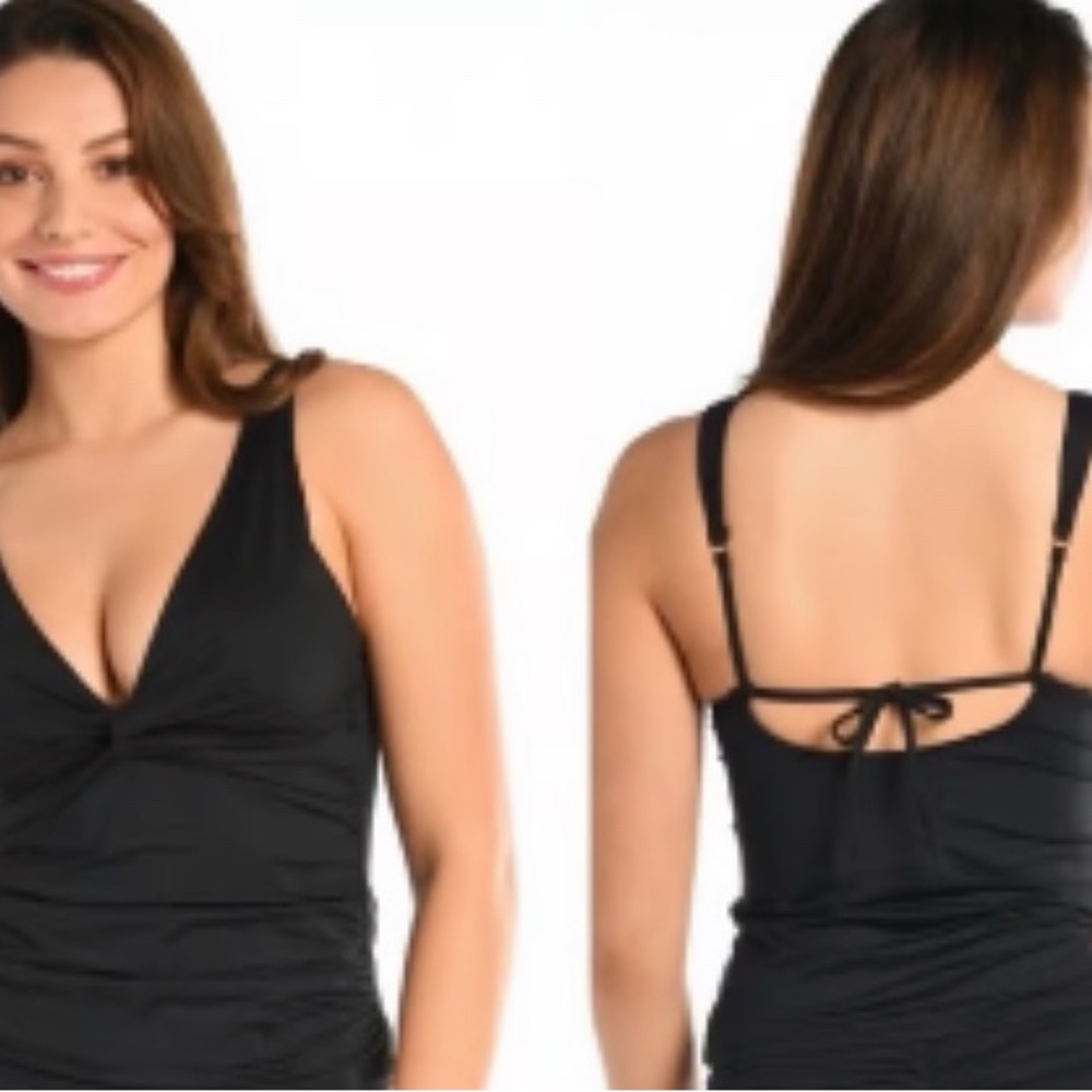 La Blanca 2 piece island goddess twist tankini ruffle skirt bathing suit black 4